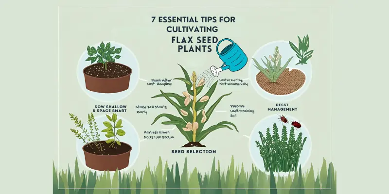 Tips for growing flax seed plants including watering, spacing, and pest control
