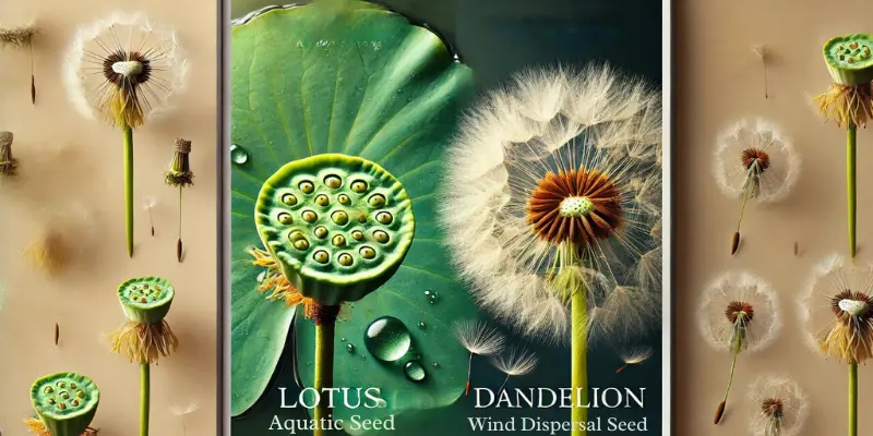 A visual Represenattion of Aquatic seed Lotus and Wind Spread Seed Dandelion