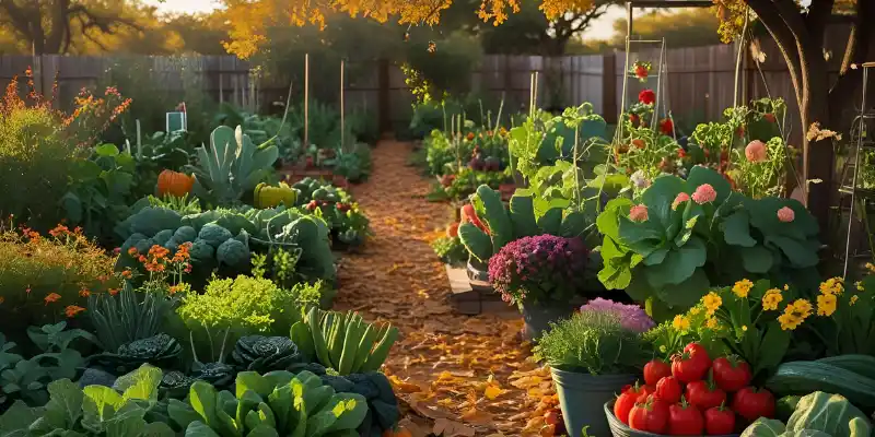 Autumn garden with vegetables, flowers, and fallen leaves on a sunny day