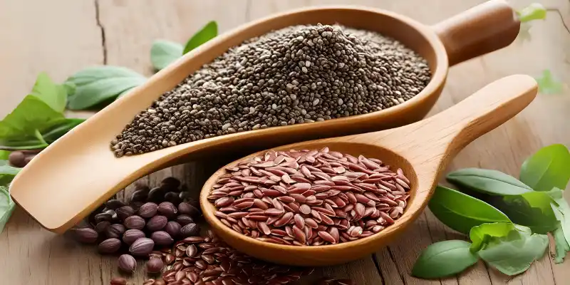 Comparison of chia seeds and flax seeds with green leaves