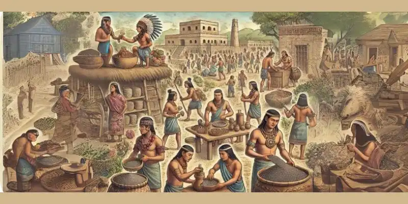 A historical depiction of chia seed farming in early Mesoamerican culture.