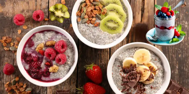 Easy chia seed pudding recipes with berries, banana, and kiwi for a tasty treat.