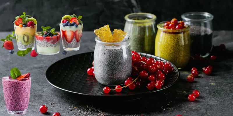 Chia seed pudding with berries, honey, and matcha—a healthy and delicious treat.