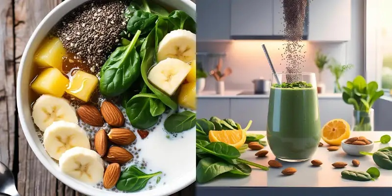 Chia seed smoothie with spinach and banana, a natural constipation remedy.