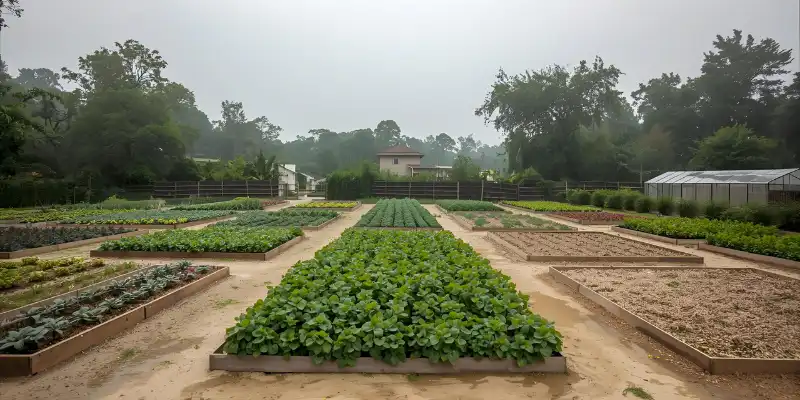 Large green vegetable farm with wide planted rows under a cloudy sky.