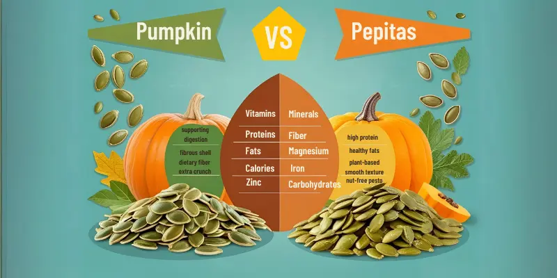 A clear comparison of pumpkin and pepitas with their ingridients in chart form and seeds