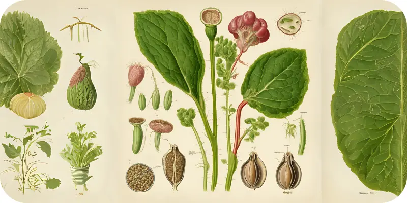 Plant growth stages with emphasis on seed cotyledons in scientific illustration