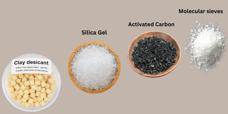 Desiccant types: silica gel, clay, activated carbon, and molecular sieves for drying