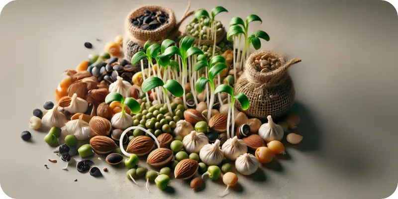 Fresh heirloom vegetable seedlings growing among various seeds and nuts.