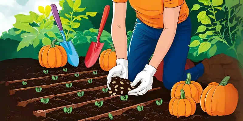 Pumpkin seeds planting by a girl in soil