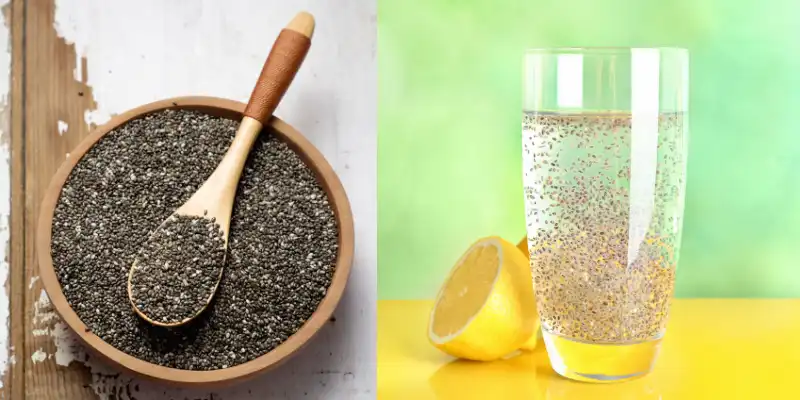 A bowl of dry chia seeds and a glass of soaked chia water with lemon.