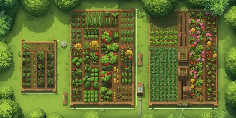 Vegetable bed plan showing mixed crops in colorful rectangular garden layout.