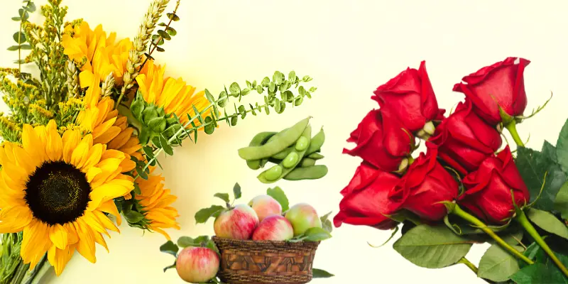 Fresh flowers with vegetables and fruits