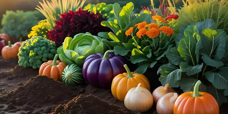 Purple and white pumpkins with vibrant vegetables in a rustic garden setting.
