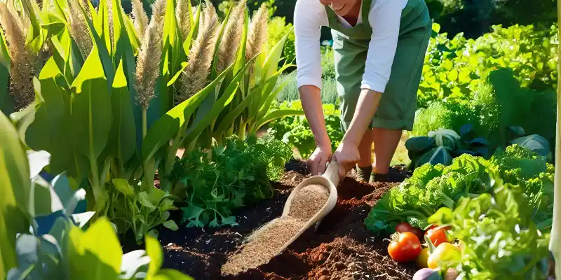 Garden scene with flax seeds being planted in rich, fertile soil