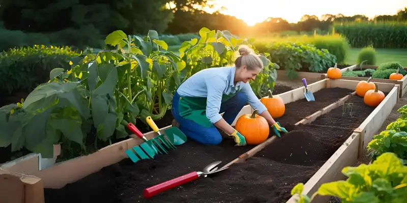 A girl is preparing soil for sowing pumpkin seeds