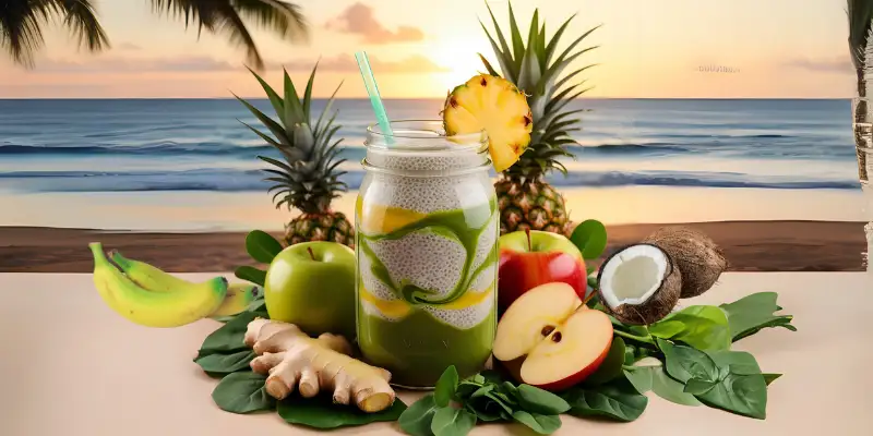 Healthy Green Detox Chia Smoothie recipe on a beach with fresh tropical ingredients.