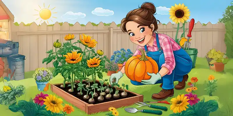 A girl is holding a pumpkin in a garden