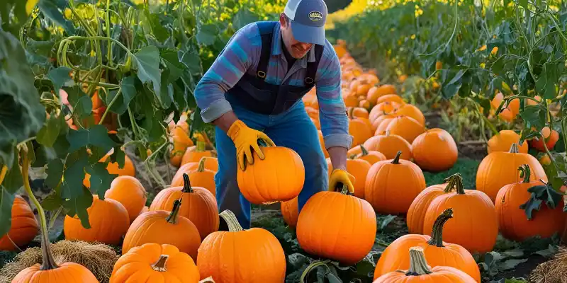 A farmer is harvesting ripened pumpkins
