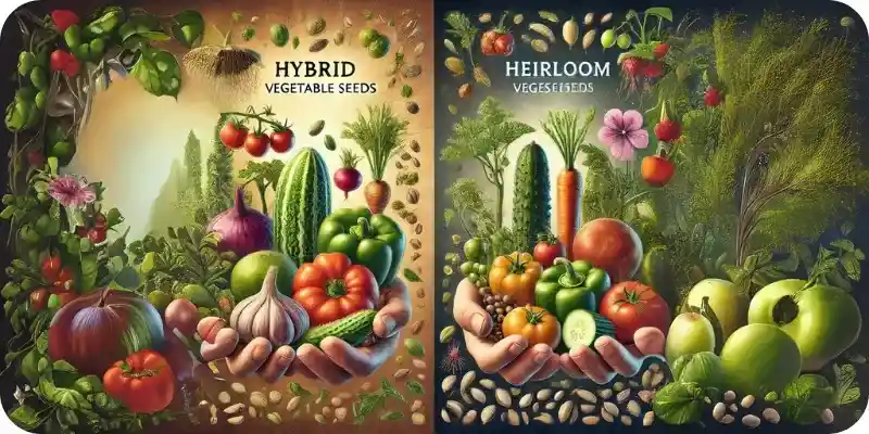 Comparison of hybrid and heirloom vegetable seeds with diverse produce in hand.