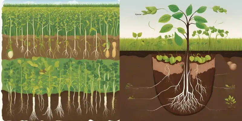 Detailed depiction of hypogeal germination with roots and shoots development underground.