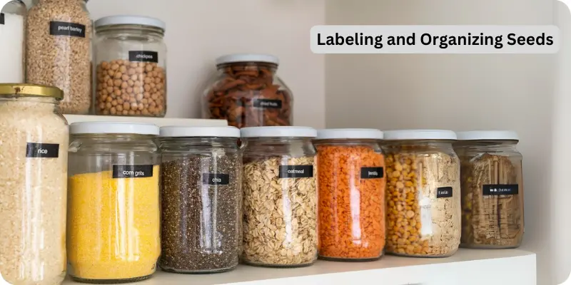 Organized storage jars with clear labels for different seeds and grains.