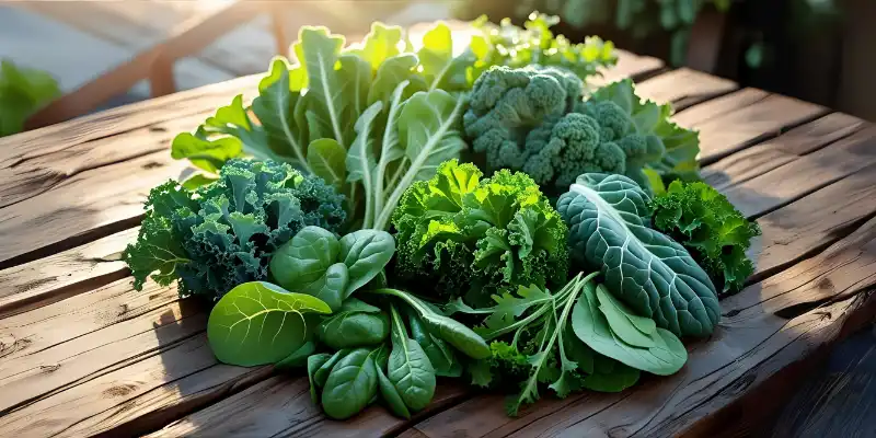 Fresh leafy greens arranged in a colorful display from a backyard harvest.