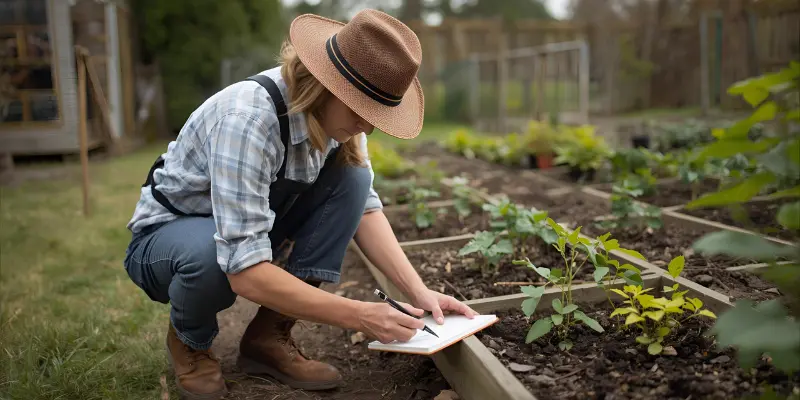 Farmer writing notes in garden while observing vegetable beds