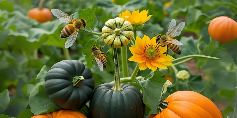bees as a pollinator over pumpkins