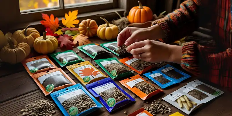 Hand organizing various seed packets on a wooden table with fall decorations.