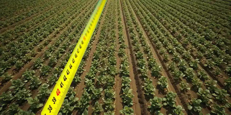 Wide farm field with healthy green rows of crops growing in straight lines.