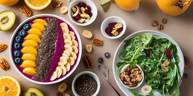 Healthy fruit smoothie bowl and nutrient-rich salad topped with nuts and chia.