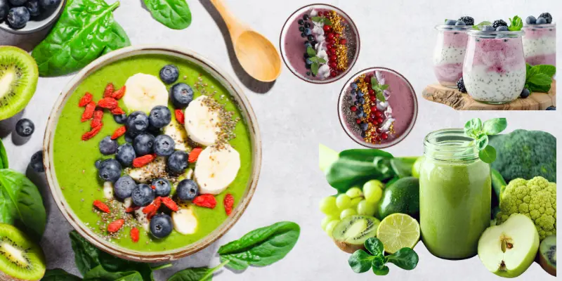 Green smoothie bowl with blueberries, banana, goji berries, chia seeds, spinach, and kiwi.