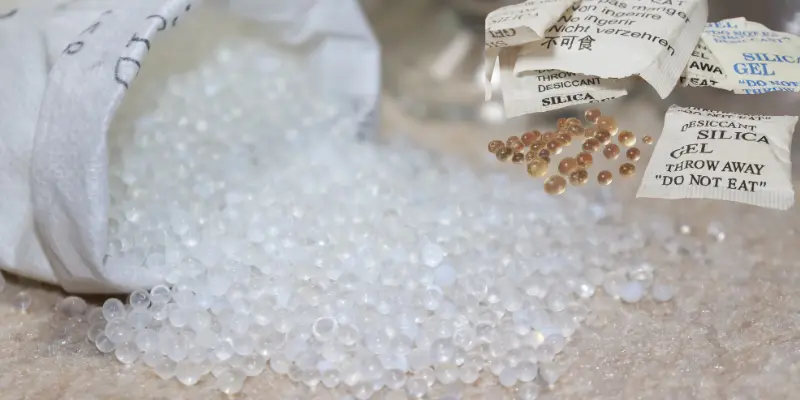 Close-up of silica gel beads, a widely used desiccant to absorb moisture.