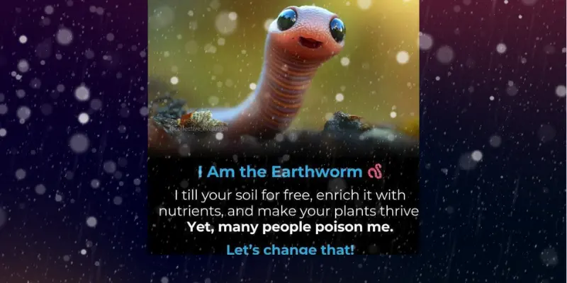 A friendly earthworm promoting soil health and urging people to stop poisoning them.
