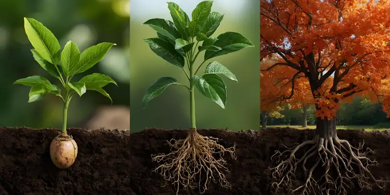 Stages of germinated seed to grow into a healthy tree under suitable conditions