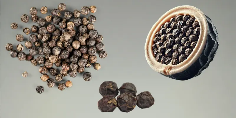 Black peppercorns and a sliced pod showing internal seeds, placed on a gray surface.