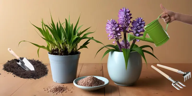 Flax plant in pot beside blooming flowers, flax seeds, and garden tools.