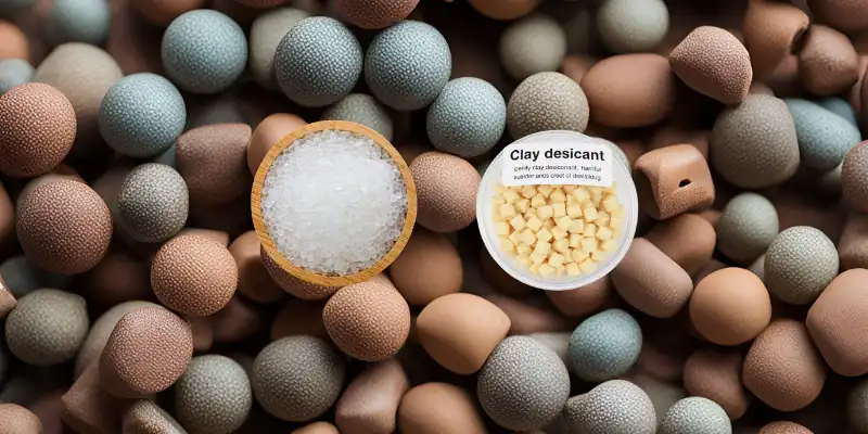 Close-up of desiccant materials, including silica gel and clay, for drying purposes