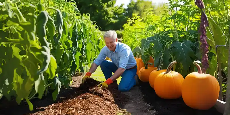 A farmer is adding mulching for pumpkin growth