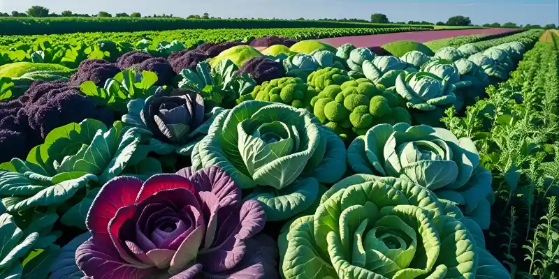 Field of green and purple cabbages growing under sunlight in neat rows.