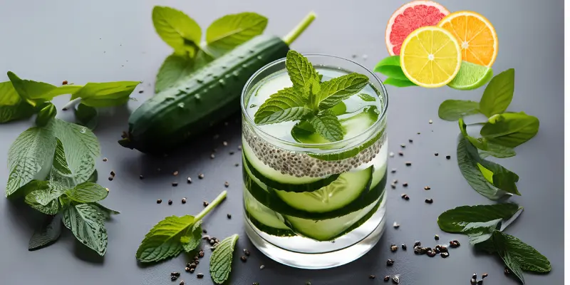 Cucumber and chia detox drink with mint for digestion and constipation relief.