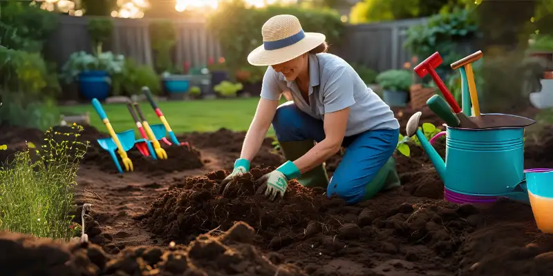 Person wearing hat and gloves planting in soil in a vegetable garden.