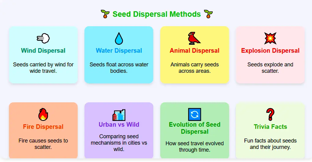 Infographic illustrating seed dispersal methods: wind, water, animal, explosive, fire, and urban vs. wild mechanisms.