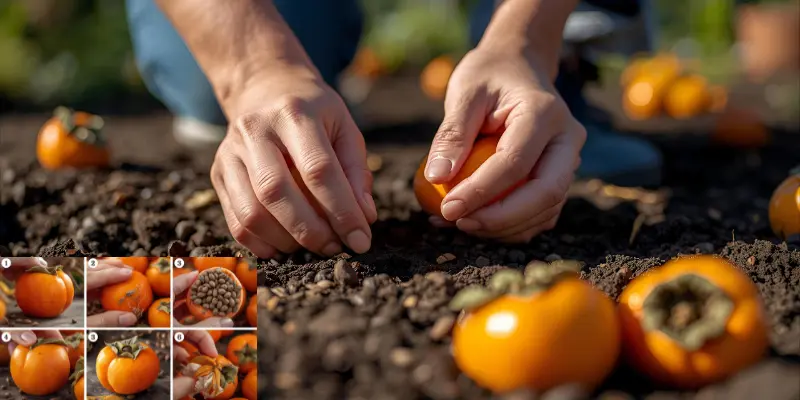 Hands planting seeds into soil with ripen persimmons
